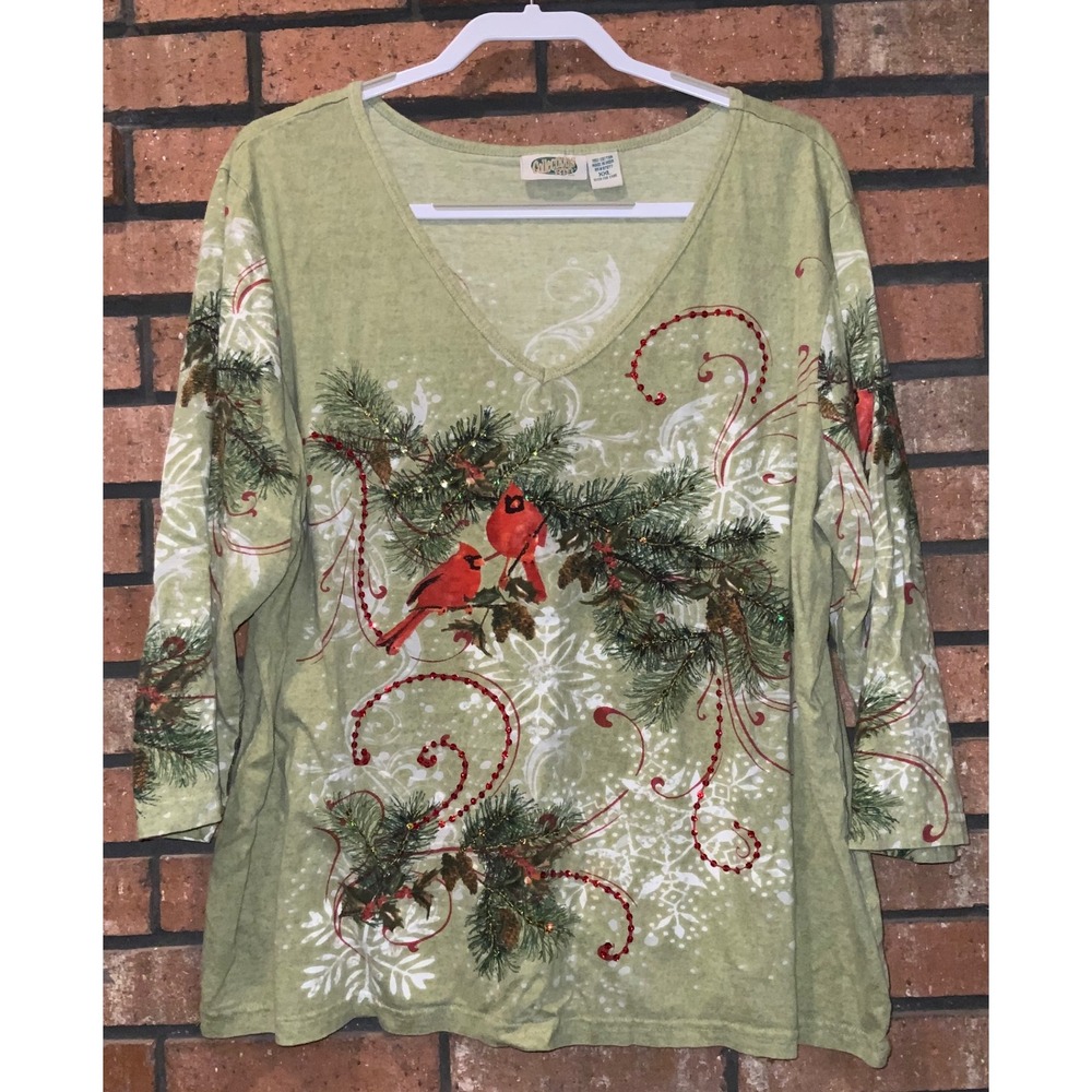 Collections Etc. Womens Green Cardinal Winter 3/4 Sleeve V Neck‎ Top Size XXL